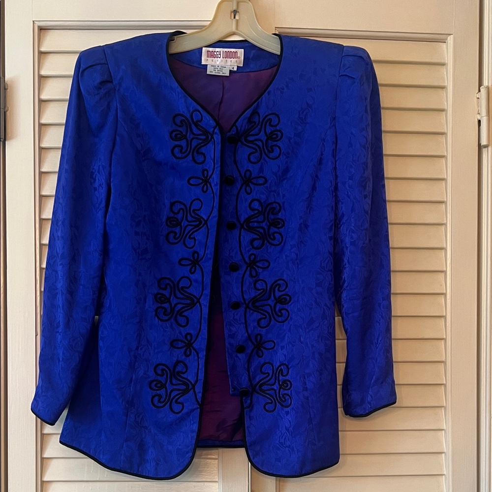Maggy London Royal Blue Blazer with Black Accents, 100% Silk, Size 4